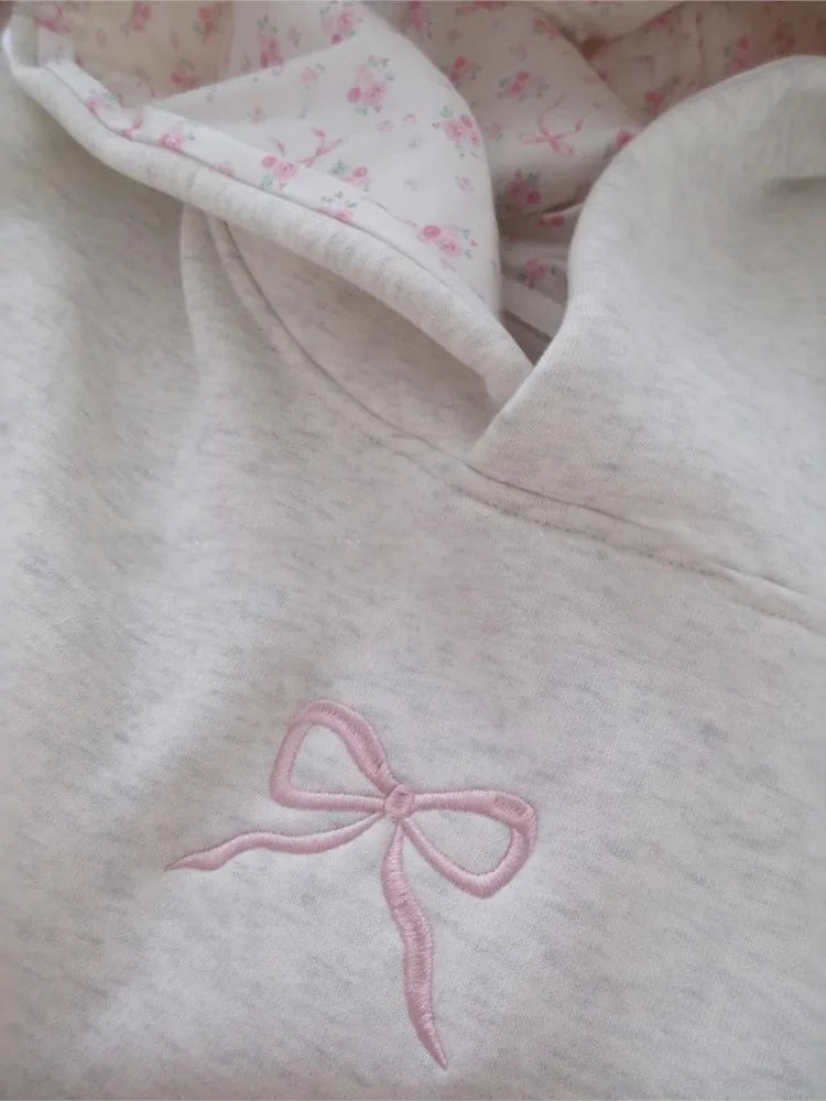 Women's Pink Bow Decor Hoodie Sweet Casual Fall Winter Embroidery Hoodie Cozy Warm Women's Fashion Fullover Women Clothing y2k