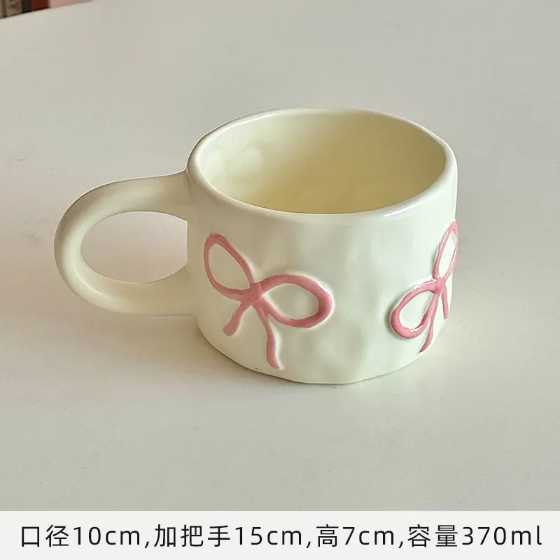 Cream Colored Relief Bow Ceramic Mug, French Simplicity High-value Breakfast Cup, Household Coffee Cup, Birthday Gift