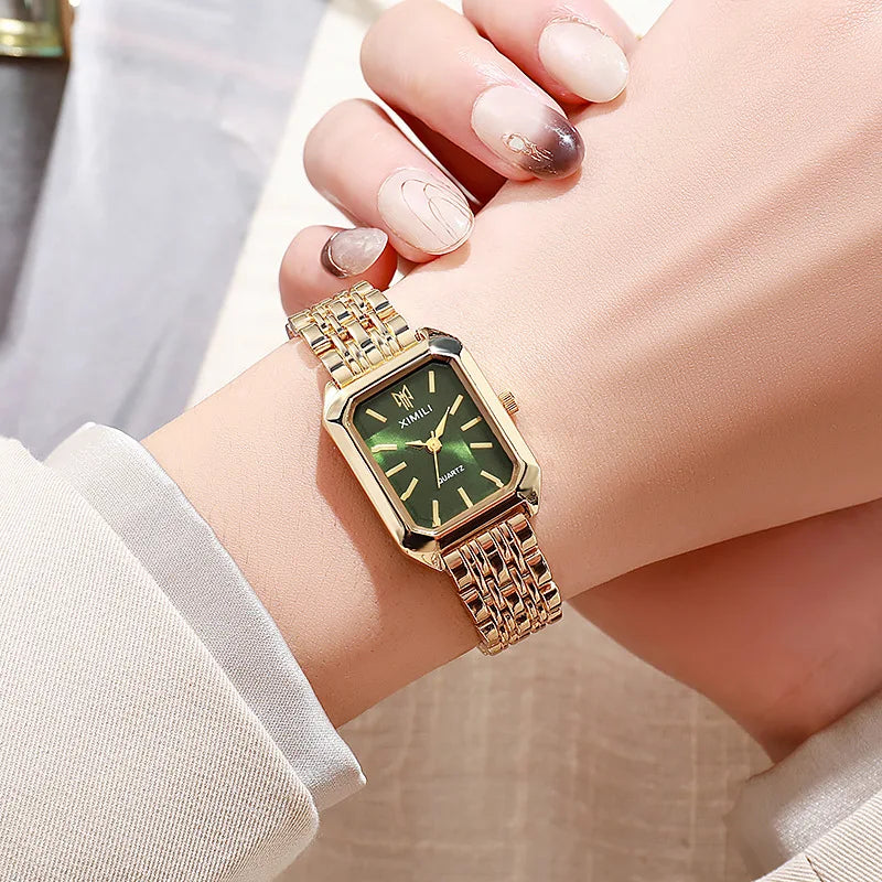 Women Watches Business Luxury Ladies Fashion Quartz Watch Simple Scale Square Quality Gold Plated Stainless Steel Folding Clock