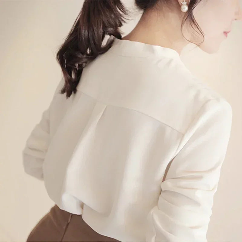 New Fashion Long Sleeve V Neck Chiffon Women's Shirts Spring Summer White Women Blouse Office Lady Clothes Korean Tops  9382