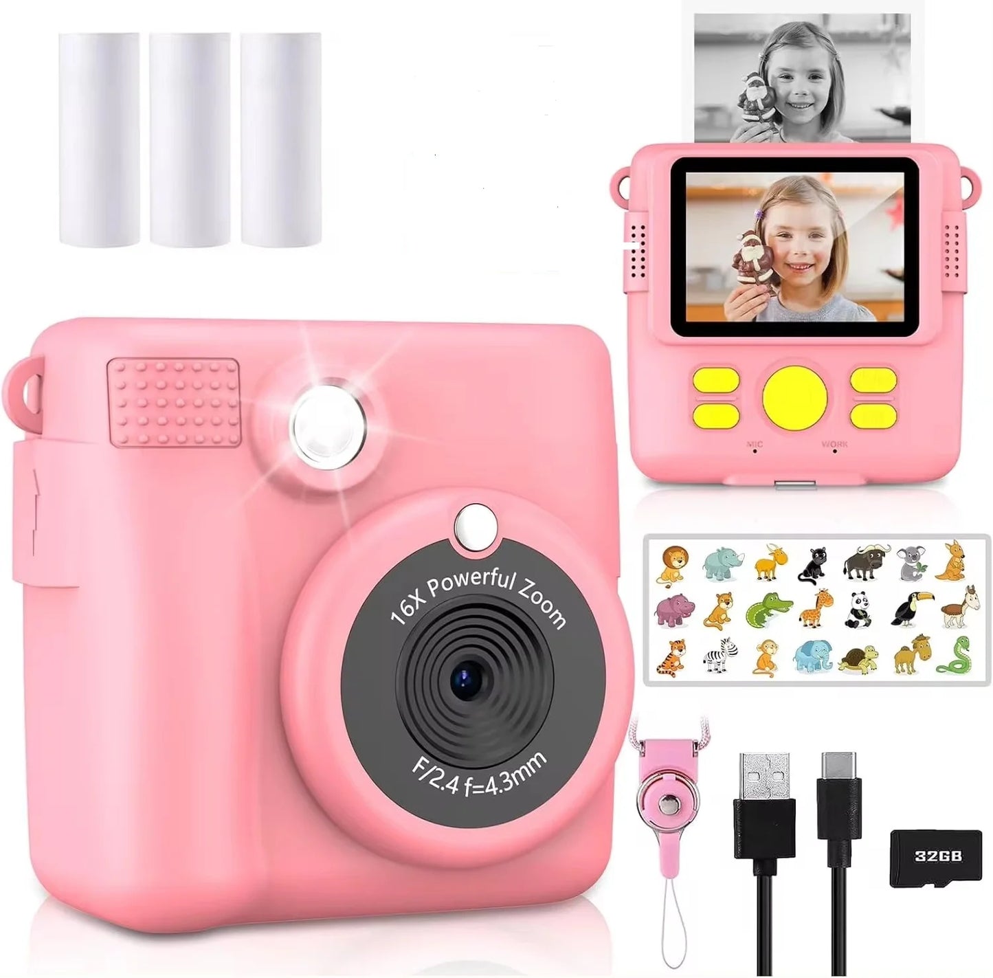 Instant Print Camera for Kids,1080P HD Digital Video Cameras for Toddler，Christmas Birthday Gifts for Age 3-12 Girls Boys，