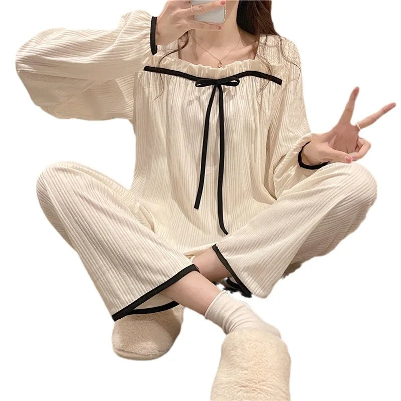 Women's Spring and Autumn Pajamas Set Women's Long-Sleeved Long Trousers Pajamas Homewear Sweet Leisure Homewear Loose Set