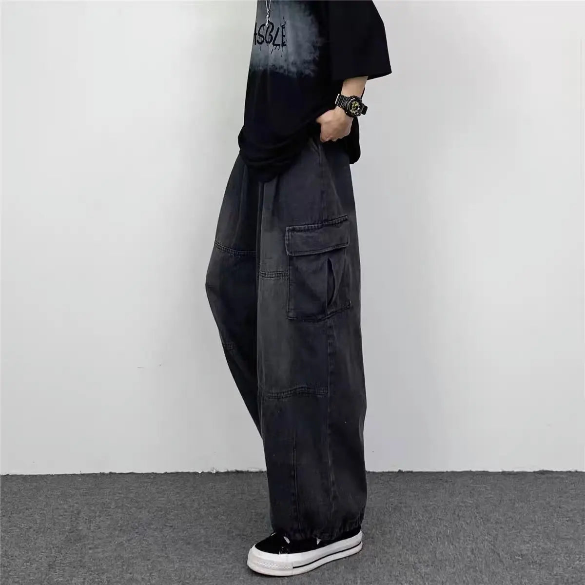 Men Denim Jeans Wide Leg Pants Cargo Long Pant Splice High Waist Loose Casual Button Pocket Straight Trousers Autumn Winter