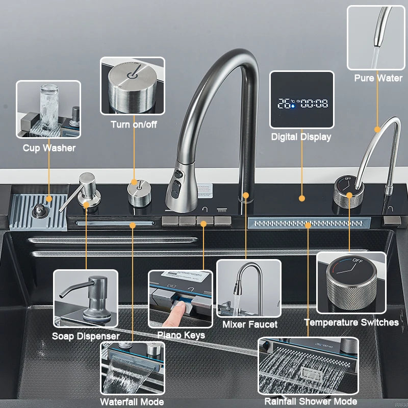 304 Stainless Steel Kitchen Sink with Digital Display Waterfall Faucet, Multifunctional 75*45cm Large Single Slot Whale Sink