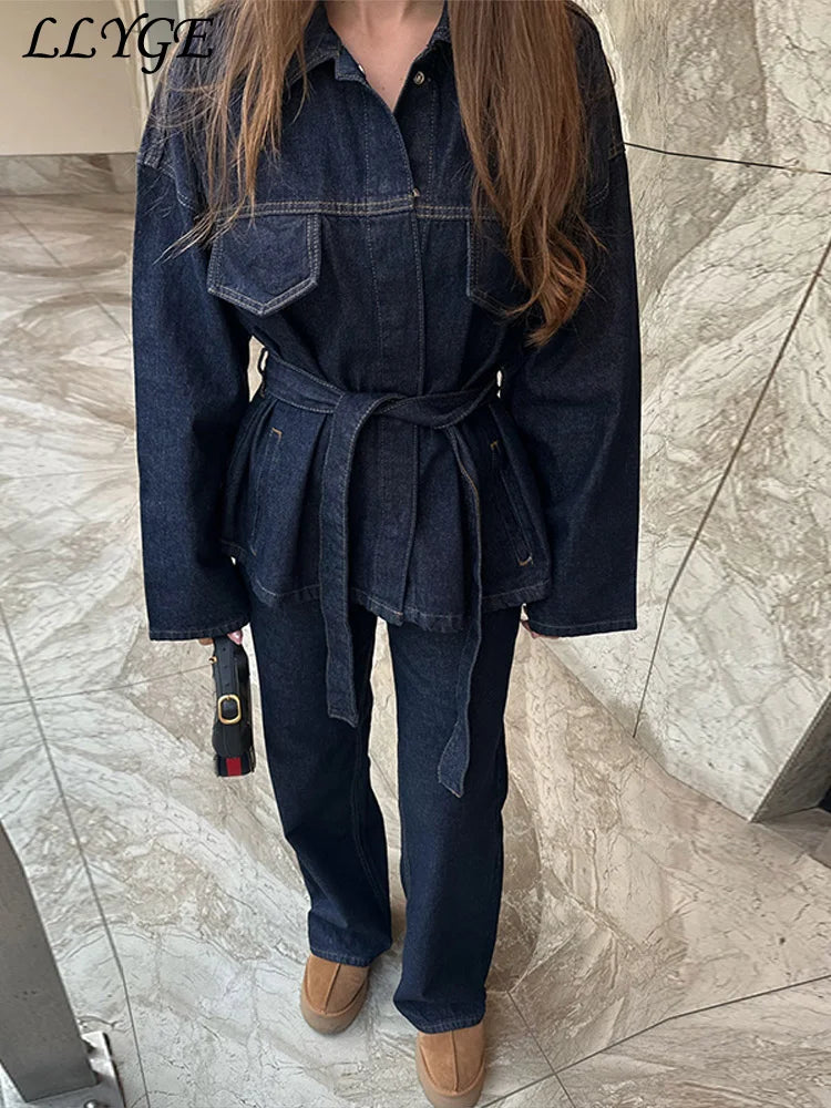 Vintage Belt Denim Jacket Pants Set Women Lapel Single Breasted Jackets Pockets Straight Jeans 2025 Spring Lady Street Outfits