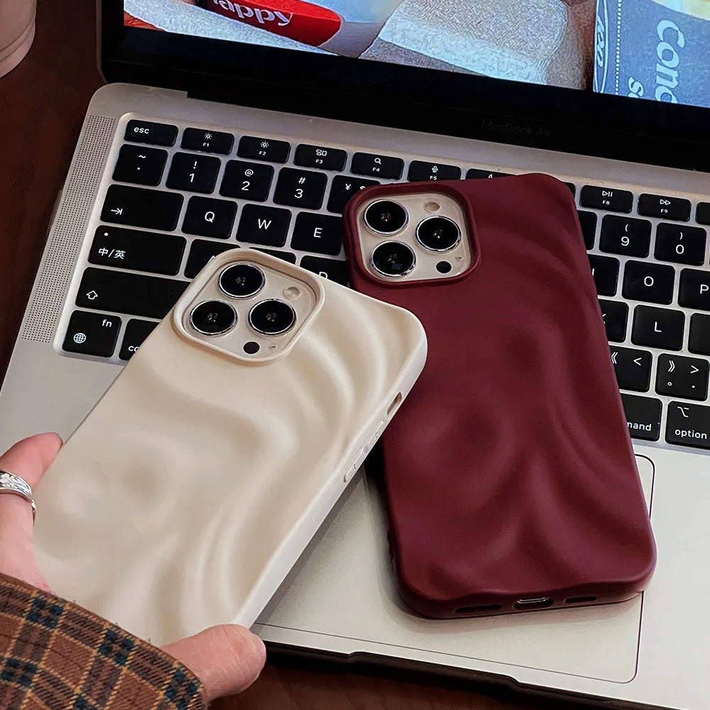 Ins Winter Wine Red 3D Pleats Wrinkle Phone Case for iPhone 12 13 14 15 16 Pro Max Soft Matte Cases for iPhone 11 Back Cover