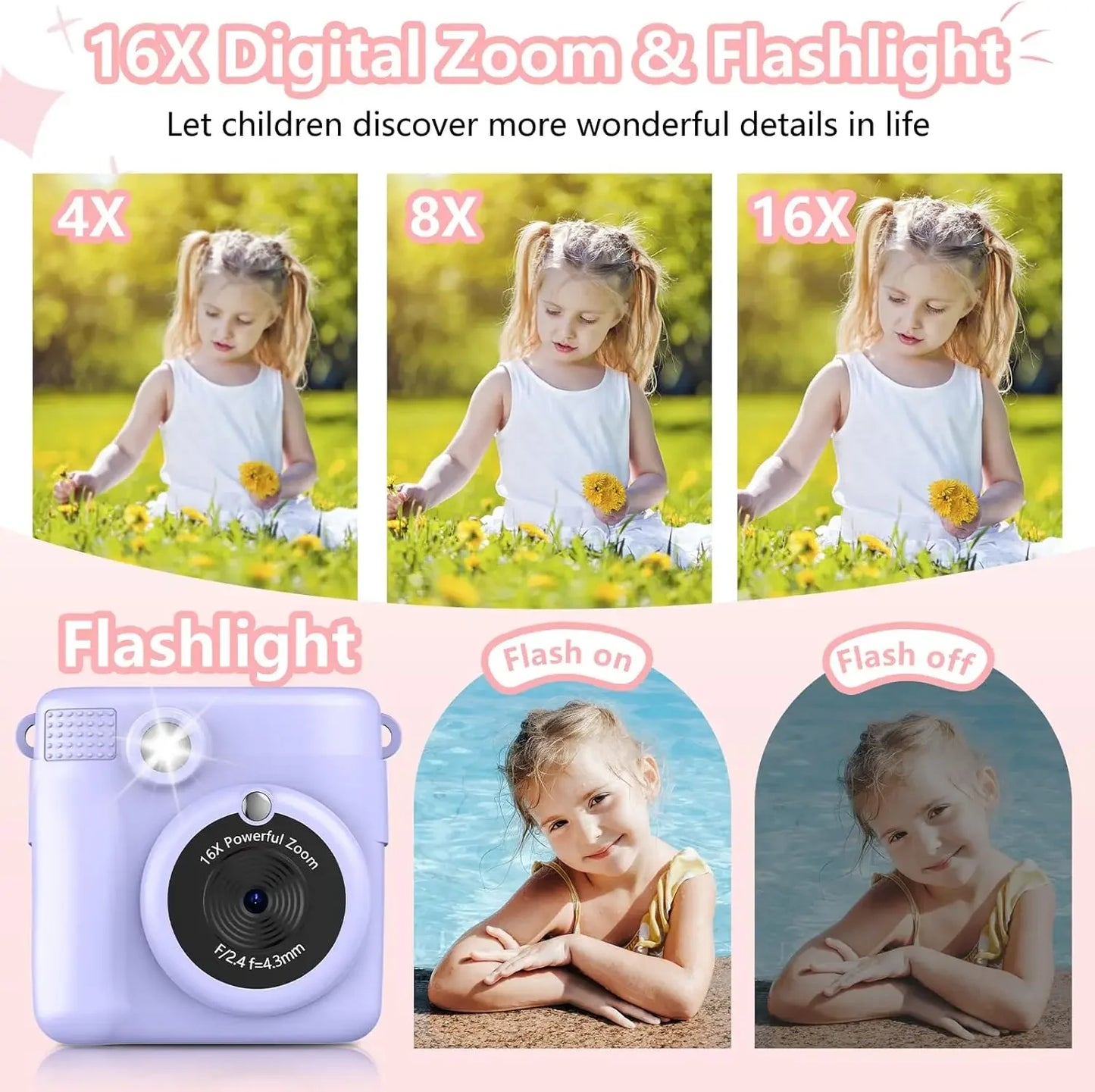 Instant Print Camera for Kids,1080P HD Digital Video Cameras for Toddler，Christmas Birthday Gifts for Age 3-12 Girls Boys，