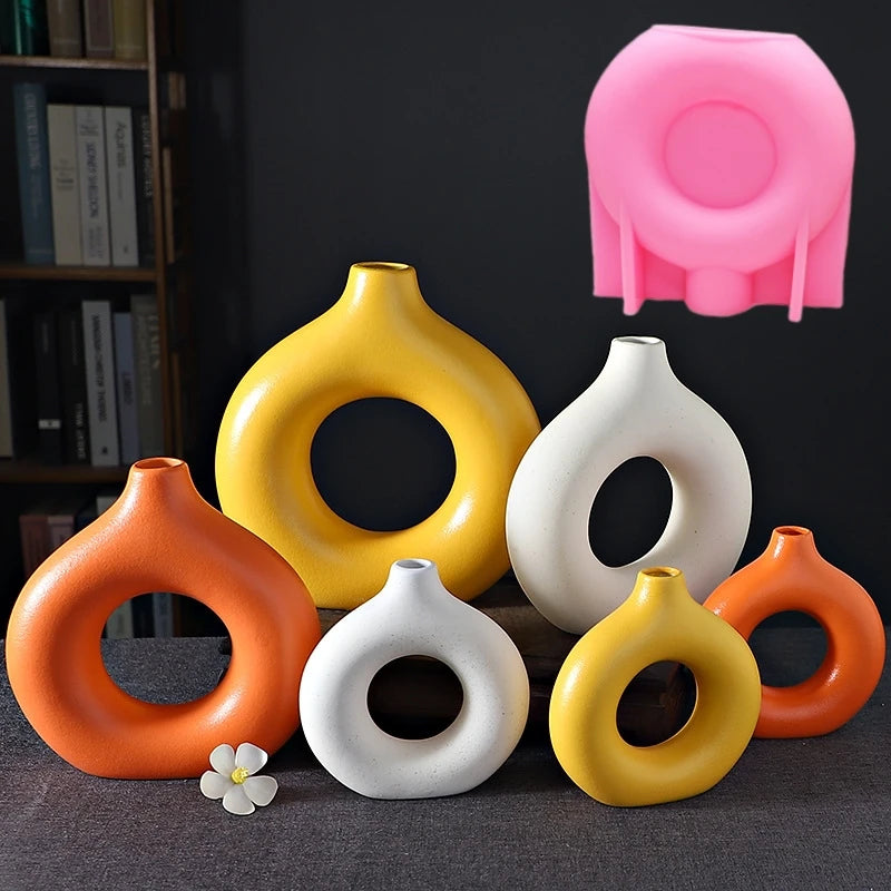 DIY 14-24cm large middle small circular vase resin silicone mold donut vase concrete cement mold gypsum silicone mold home decor