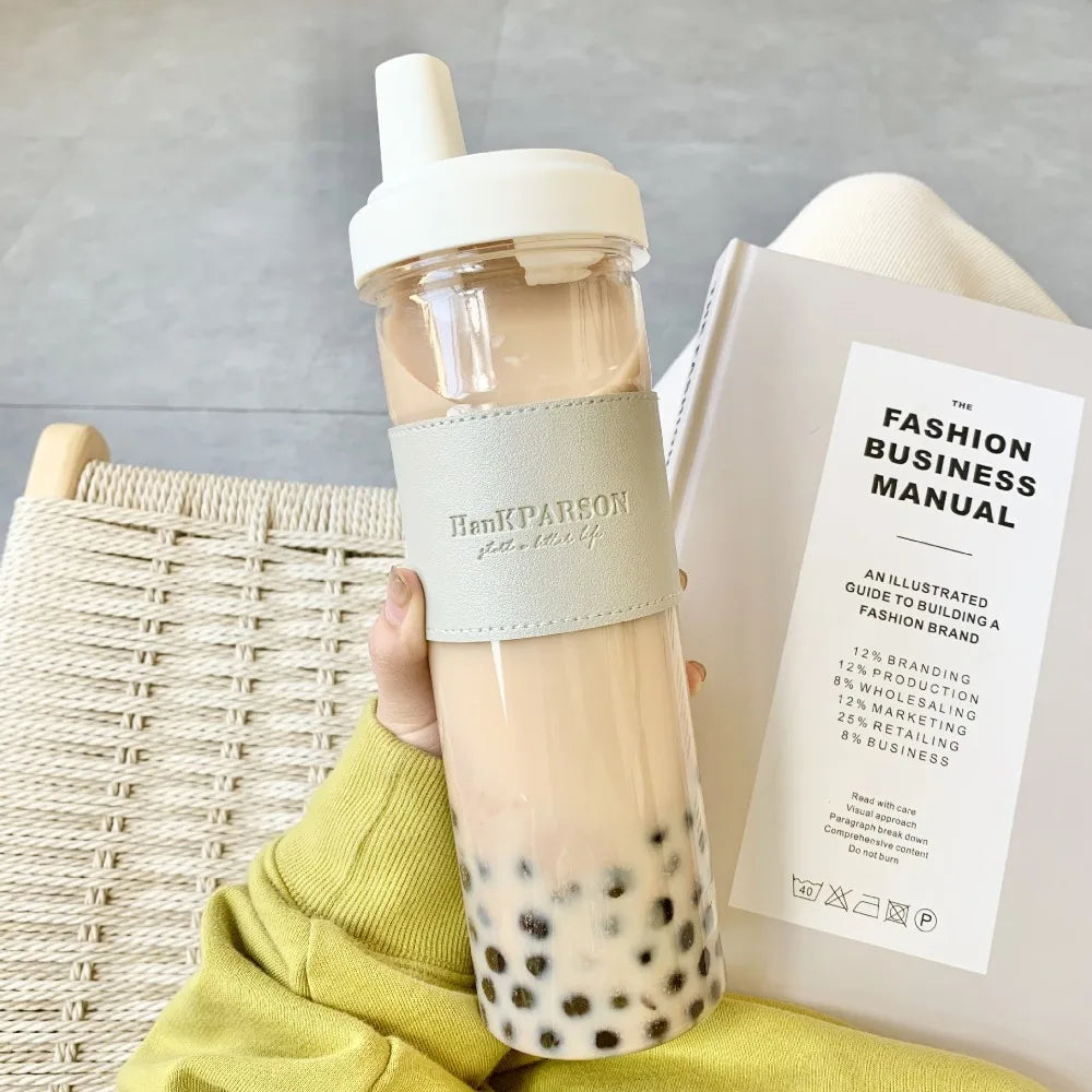 850ML Cute Pearl Milk Tea Straw Plastic Water Bottle with Cup Cover Women Large Capacity Juice Boba Milk Cup Drop-proof